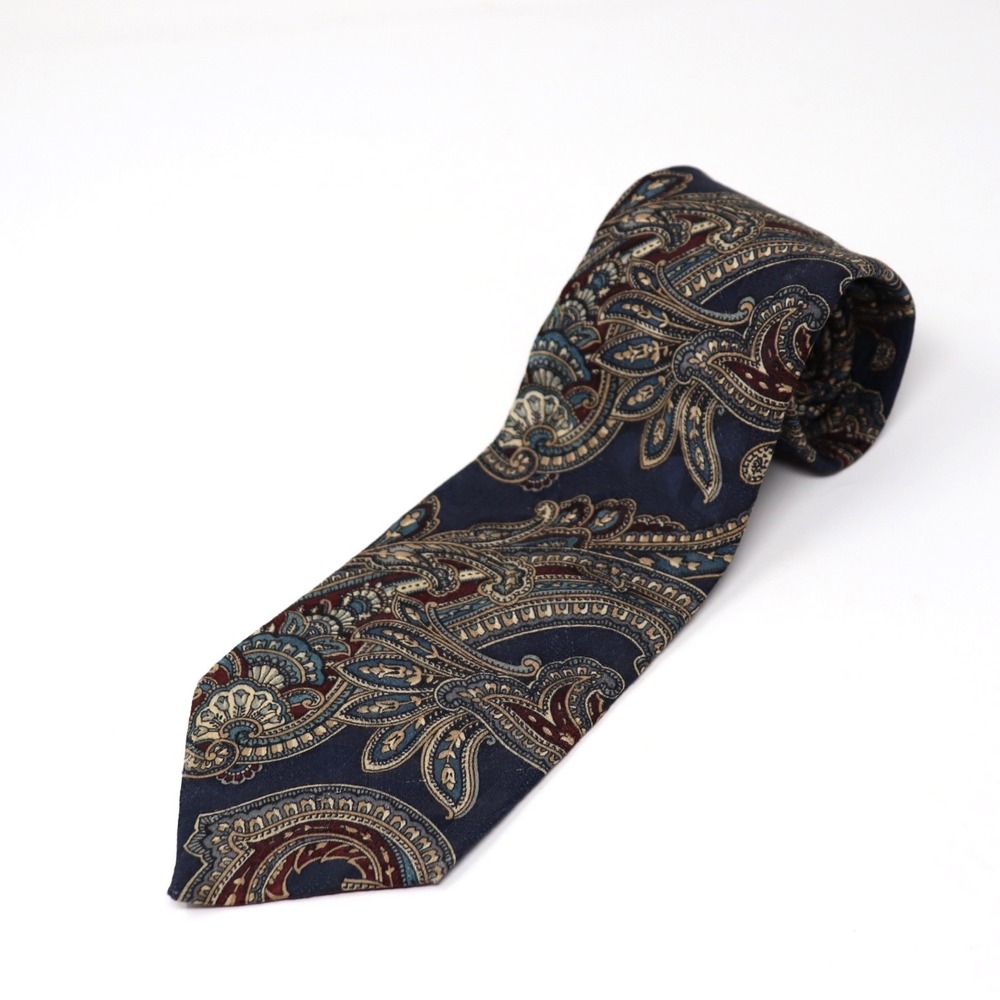 J.G. Hook Mens Silk Tie Navy‎ Blue Burgundy Tan Large Paisley Print Made in USA